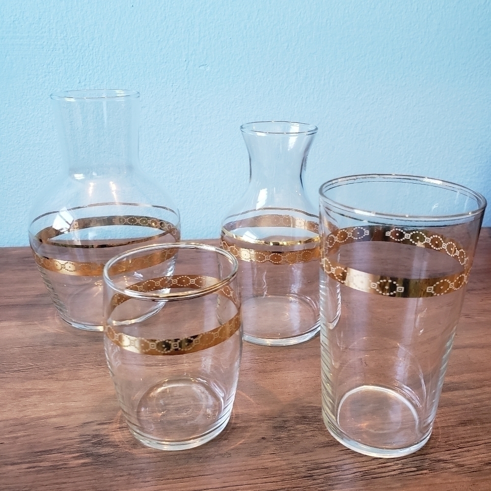 Mid Century Gold Rimmed Carafes and Glasses